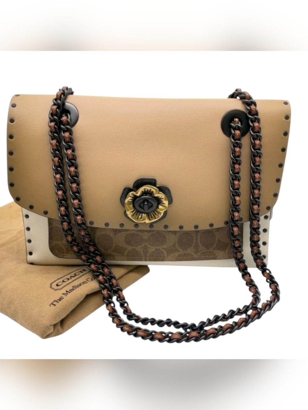 NWOT Coach Madison Tea Rose Leather Suede Interior Monogram Pocket Studded Bag